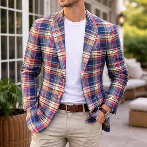 Saddlebred Madras Plaid Blazer Sport Coat 42R Pink Blue Yellow 2 Button